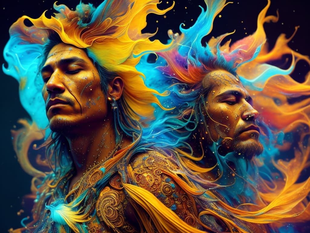 AI generated: alberto seveso art, native american man meditating in space nebula, feathers in the head, water ink,...
