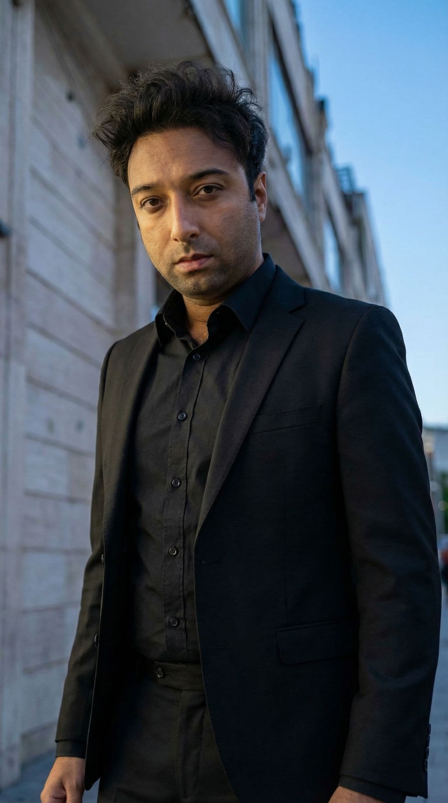 AI generated: fashion editorial photograph, man with a black luxury suit, shot on a Canon EOS 5D Mark IV --chaos 7...