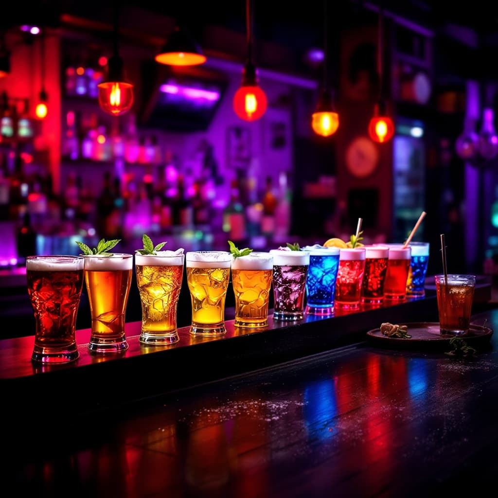 AI generated: una barra de un bar con 20 chupitos en linea de diferentes colores