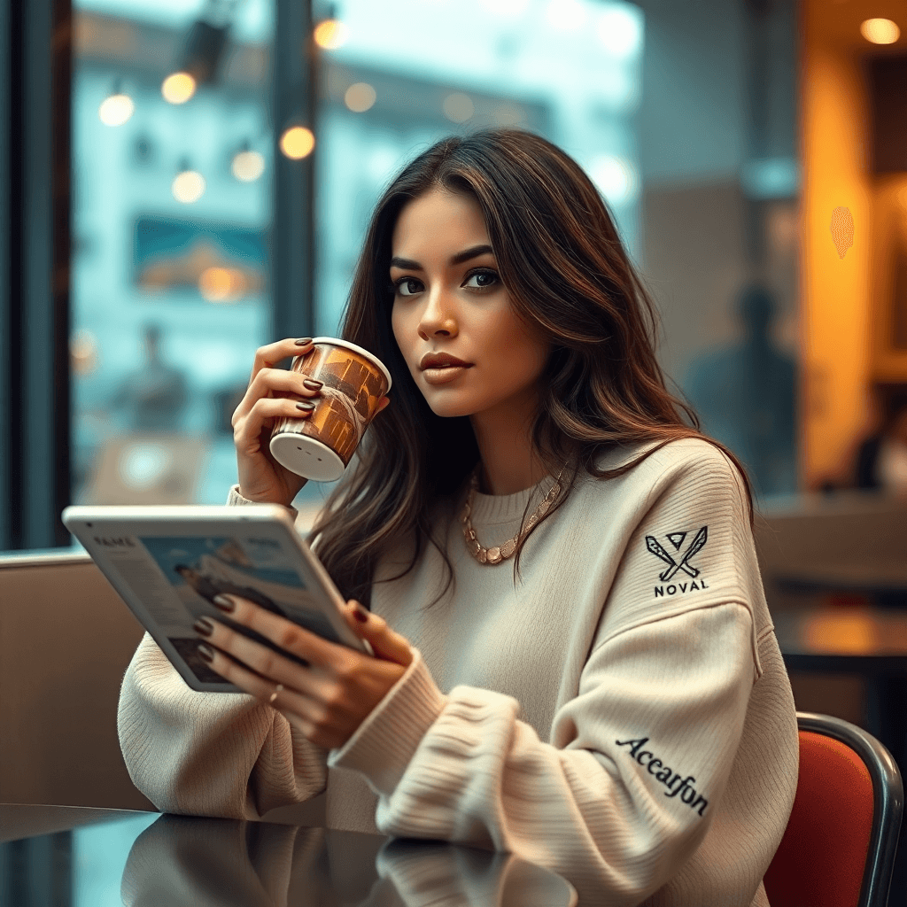 AI generated: "Design a hyper-realistic scene of a stunning woman sitting at a modern coffee shop, holding a table...