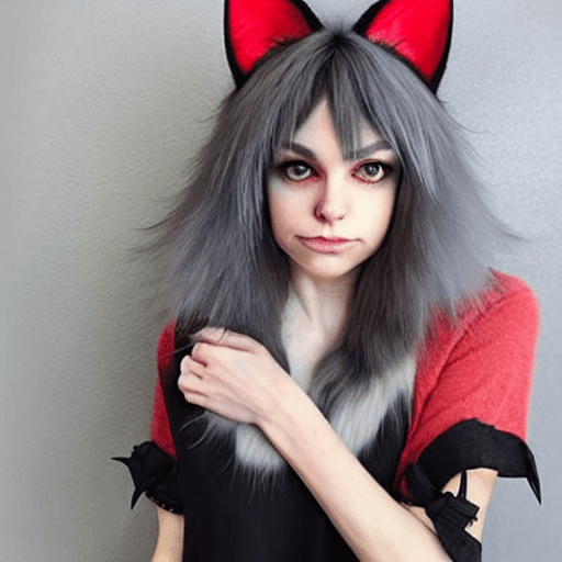 AI generated: The character has short, layered gray hair with slightly wavy tips, complemented by prominent cat ea...