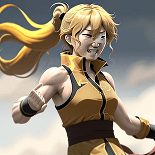 AI generated: Yang Xiao Long's ponytail unraveling in a powerful gale
