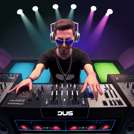 AI generated: head bobbing virtual DJ in front of the mixer and speakers on a table