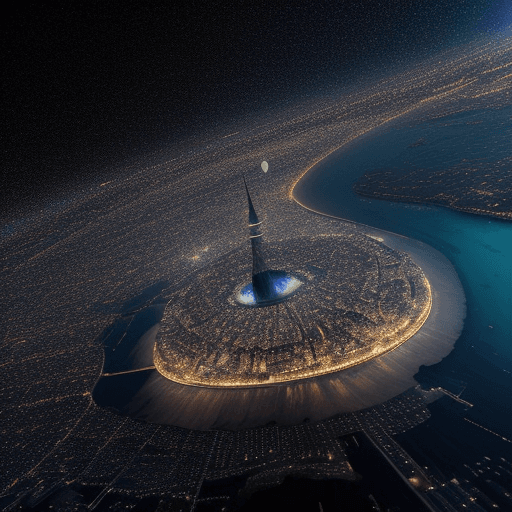 AI generated: Una ciudad tecnológica en medio del mar de noche con la luna radiantes y muchas estrellas alrededor