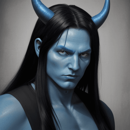 AI generated: realistic blue man with long black hair and devil horns holding a pistol
