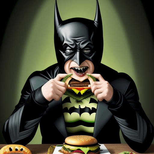 AI generated: beetle juice in a green and black batman costume eating a cheeseburger with beetles