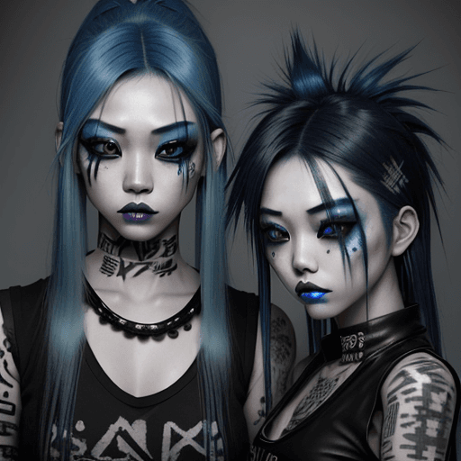 AI generated: Two young Asian punk girls, long blue Dyed Hair with alternative look, With Heavy Makeup And Smoky E...