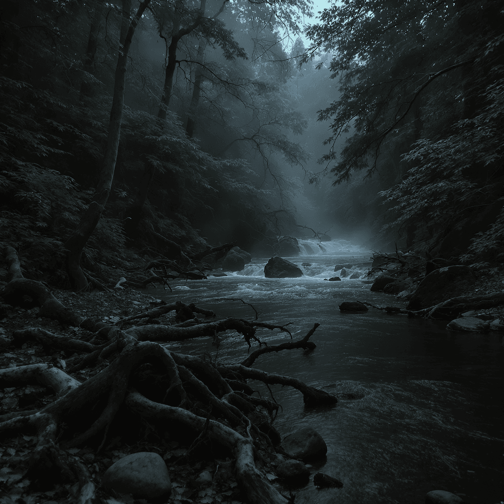 AI generated: Cinematic wide shot of a dark forest river, fog drifting over the water, twisted roots and mossy sto...