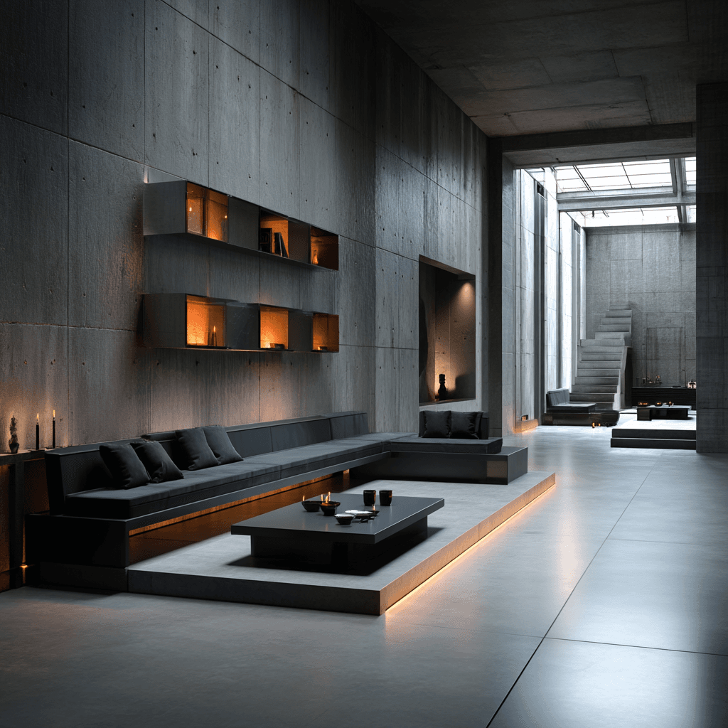 AI generated: photography, minimalist style, interior design in a modern space, strongly minimalist with brutalist...