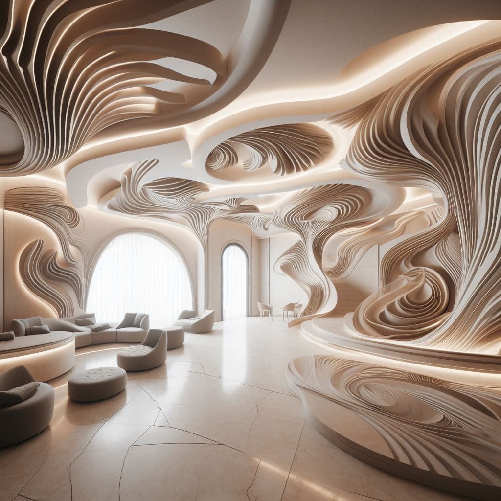 AI generated: Interior of a room with abstract curving carvings with a luxurious professional design by a famous a...