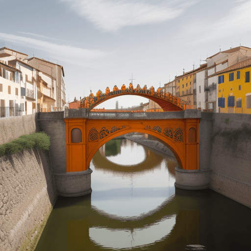 AI generated: A bridge in Spain, Caceres, Losar de la vera, in the style of bold colorful lines, dark beige and or...