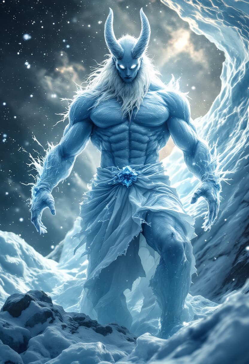 AI generated: God of Ice, full-body, Etherial, muscular, No mouth or hair, Glowing White eyes, epic, cinematic, 8k...