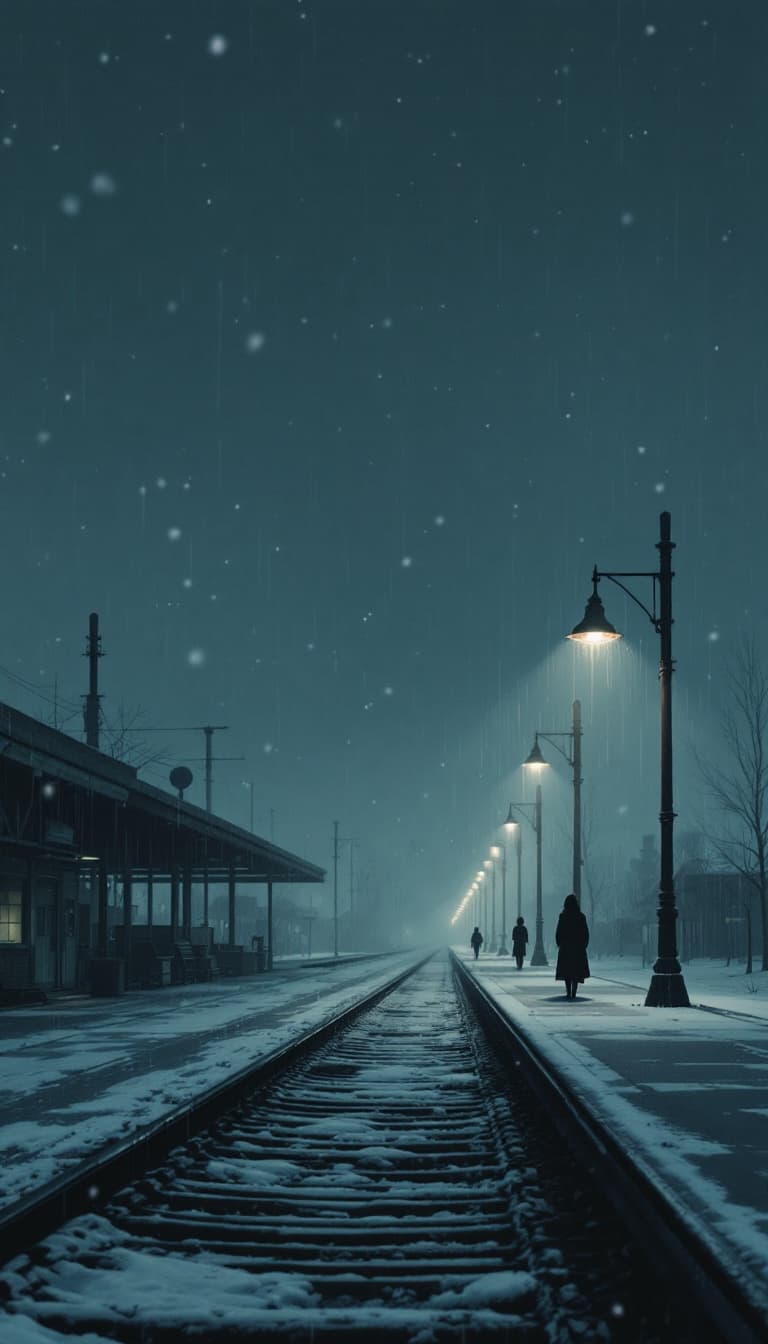 AI generated: Location: Deserted train station at dusk
Snowflakes float slowly in the gray sky. Rain mists the air...