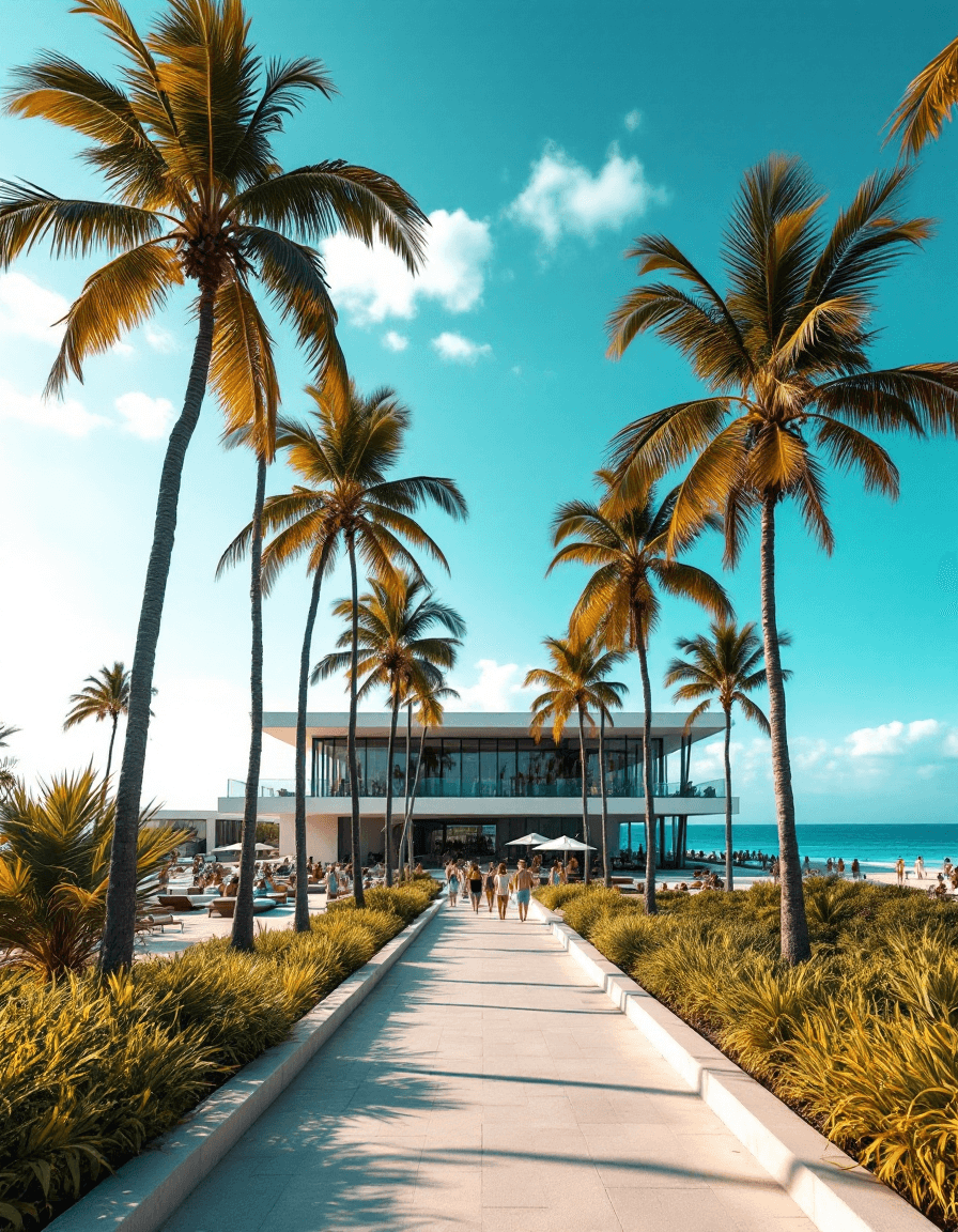 AI generated: A crowded modern beach club with sharp geometric lines anchors the scene, at the end of a path flank...