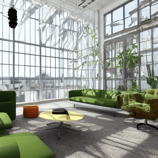 AI generated: hyper realistic photo of company office interior design, green house, living room atmosphere, glass,...