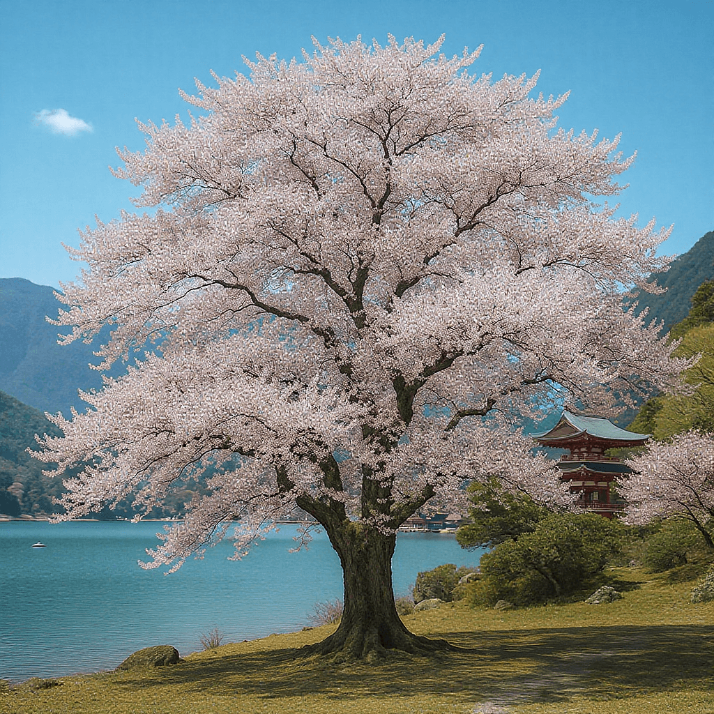AI generated: A beautiful ancient sakura tree in front of a lake. Mountains and Japanese temples in the background...