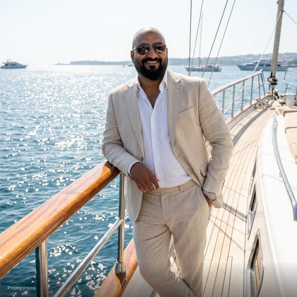 AI generated: Create a high-end fashion image of a male model wearing a tailored summer suit with an open shirt. P...