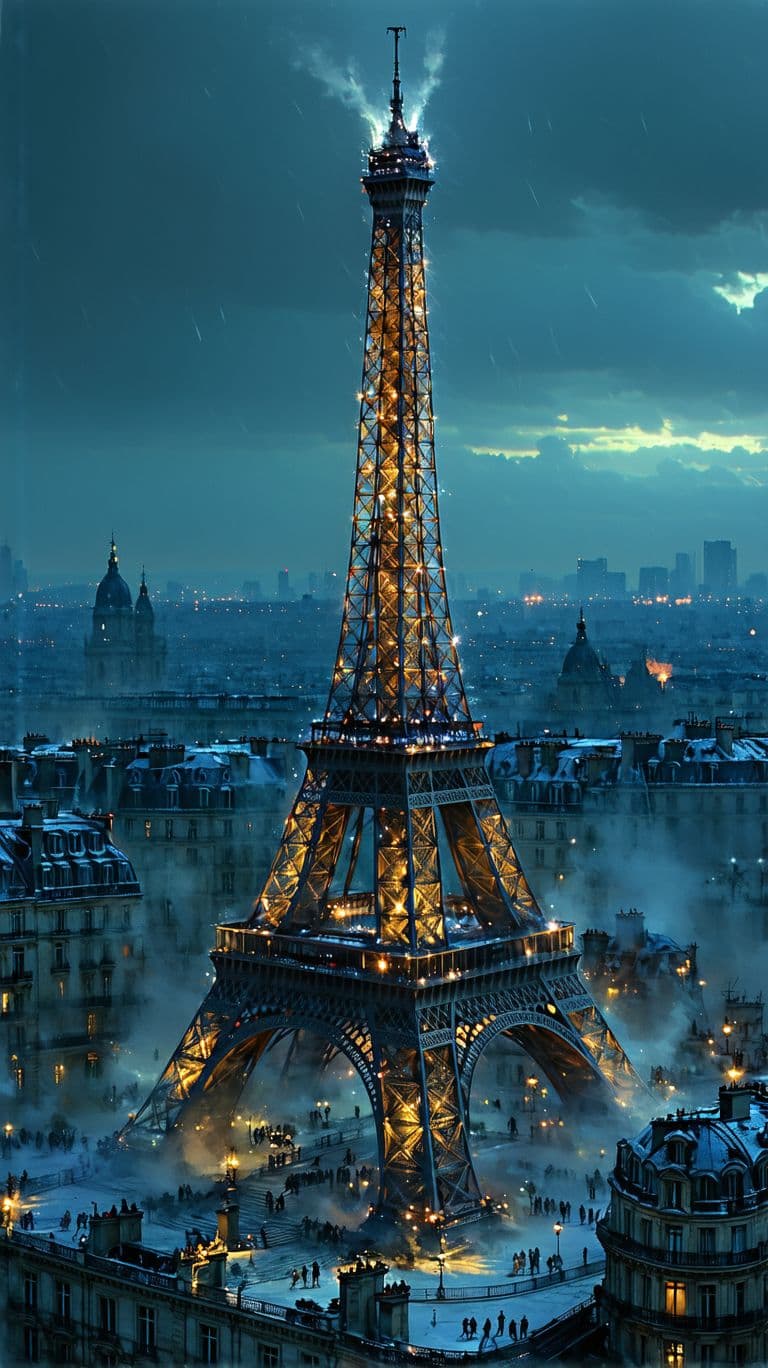 AI generated: 
Imagine the Eiffel tower in paris,(with ancient sigiles) seen fully from ground level upward, in aw...
