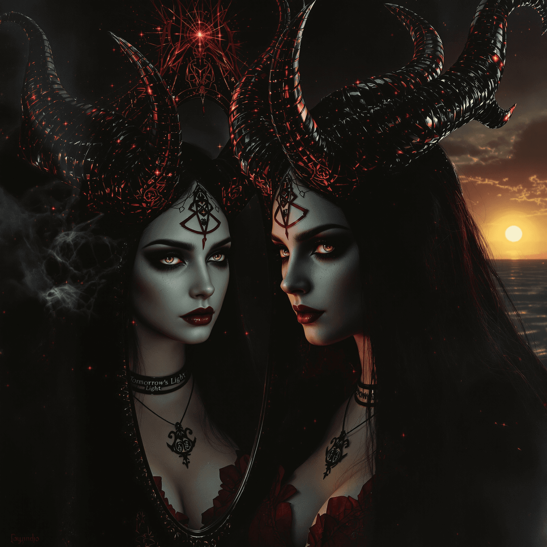 AI generated: A record-album cover, fantasy art, full body pose: A powerful yet vulnerable female demon, reminisce...