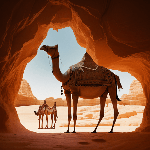 AI generated: editorial photo posing camel standing in the cave entrance in the middle of the desert. Al ula saudi...