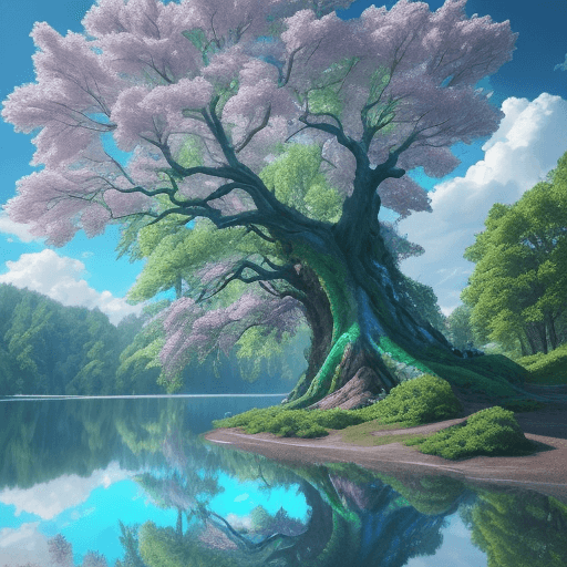 AI generated: epic tree in the background, clouds bright, trees green. Day. sun bright. lake blue crystal. Colorfu...