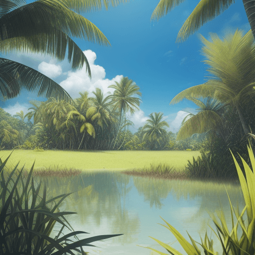 AI generated: Photo of a ultra realistic  wet tropical flat landscape with water and tall grass in sunny atmospher...