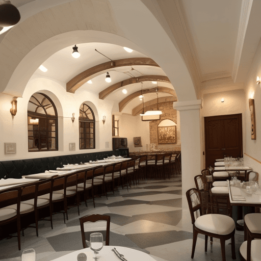 AI generated: Big Greek vibe restaurant classic style  wall arches with indirect light with greek status white cha...