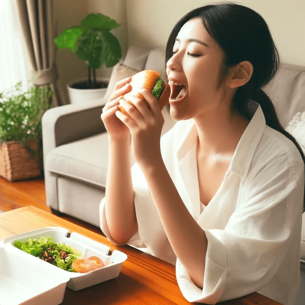 AI generated: A young Japanese woman wearing a white shirt, sitting in a cozy living room with a sofa and a potted...