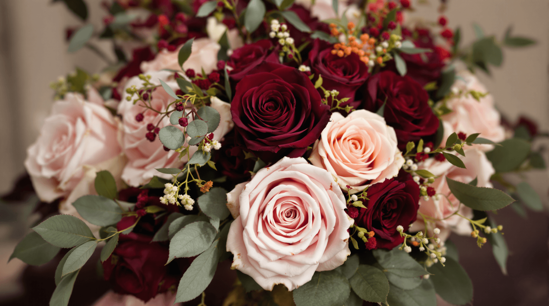 AI generated: Elegant bouquet, deep burgundy and blush pink roses, romantic floral arrangement, soft focus backgro...