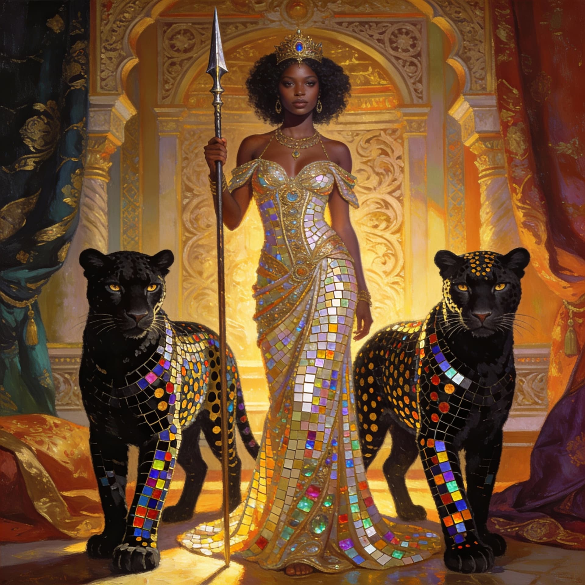 AI generated: a portrait of a Black women's wearing a dress with spear in her hand. Black leopards on her right an...