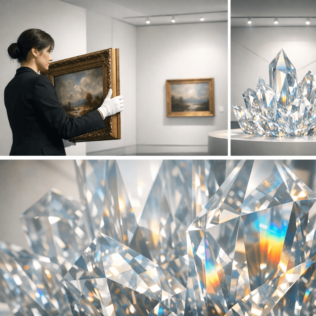 AI generated: 【Subject】 A female curator dressed in a minimalist black suit, wearing pure white cotton gloves, car...