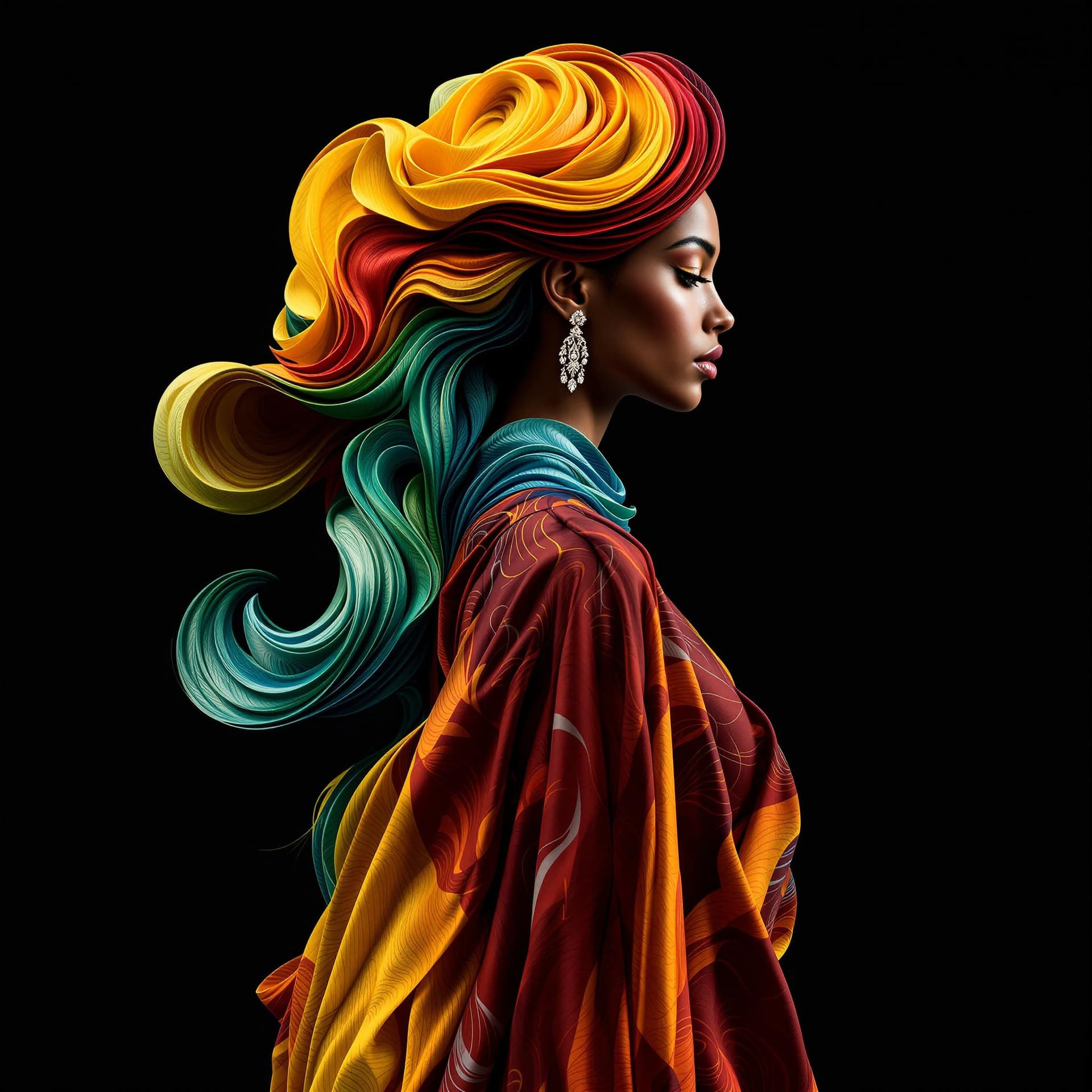 AI generated: Full body of a woman, standing, turn around towards the camera, with a flowing, sculptural hairstyle...