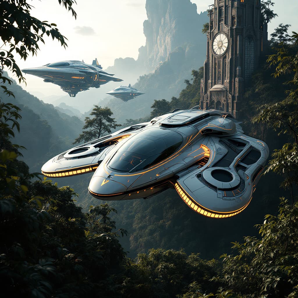 AI generated: 
Futuristic epic adventure, tartaria building in the background with mythological ancient flying spa...