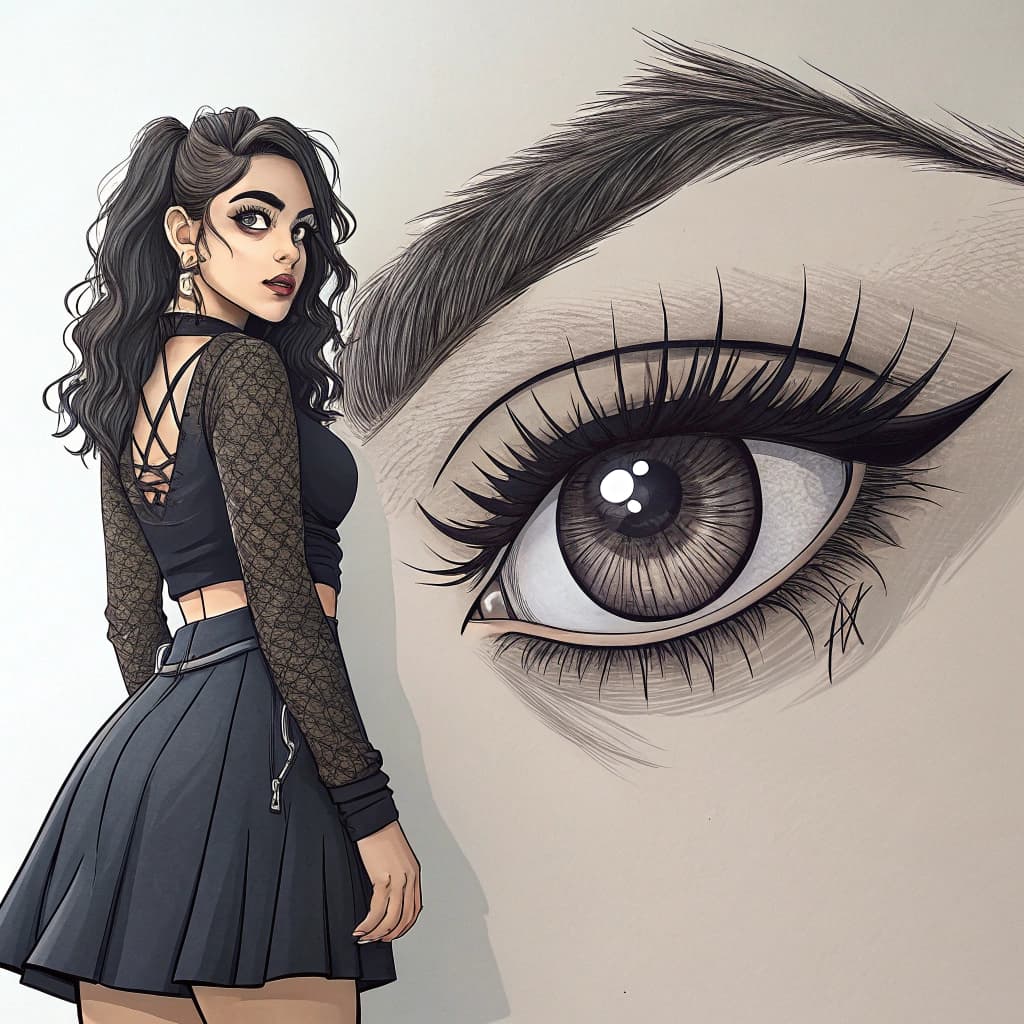 AI generated: Hyper realistic eye. Hispanic Goth woman, drawn anime style. Wearing skirt voluptuous chest.