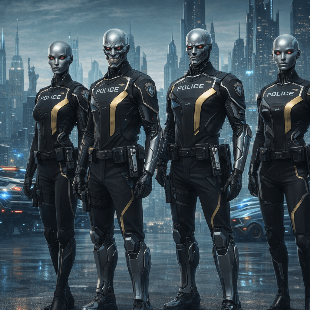 AI generated: Create an image of four futuristic Ailfs, reference images three and four, male and female, as Polic...