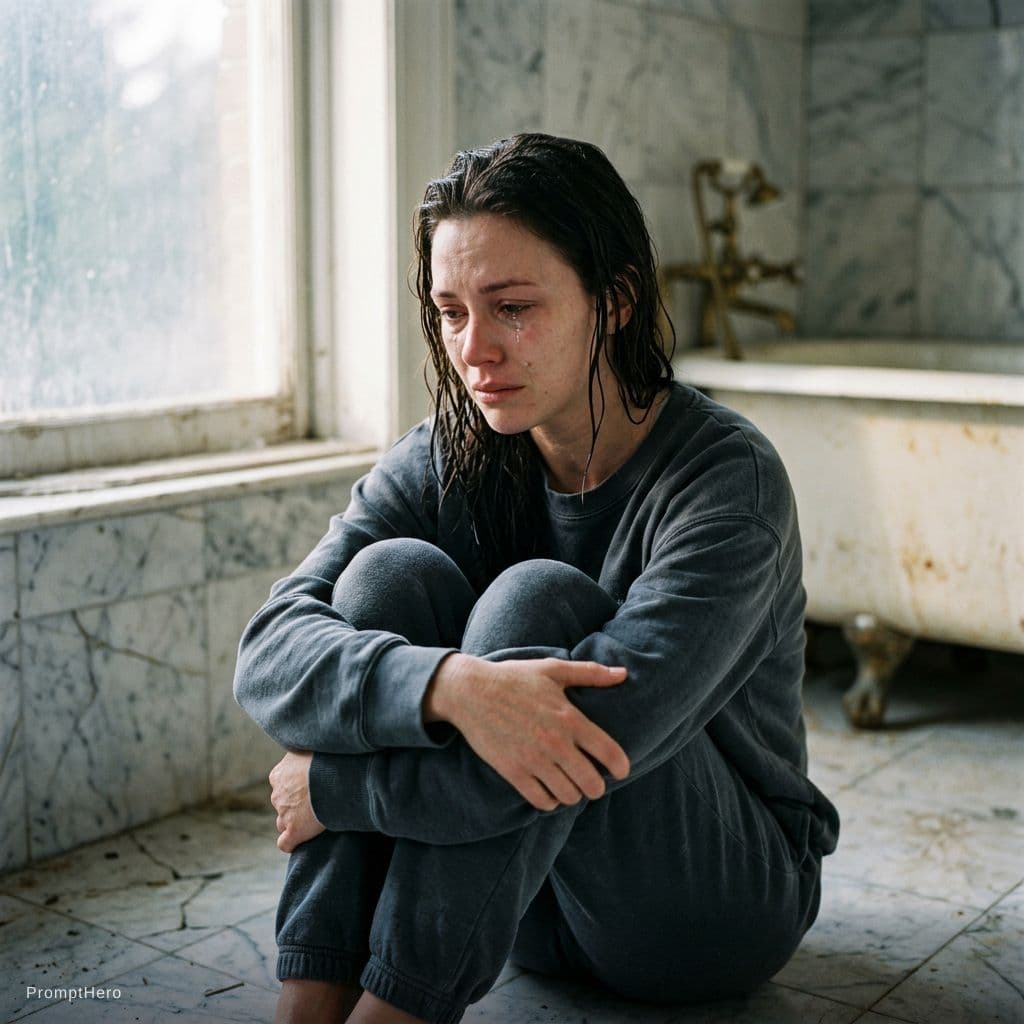 AI generated: "Beautiful 25-year-old nude woman sitting on cold marble floor in an abandoned luxurious bathroom, k...