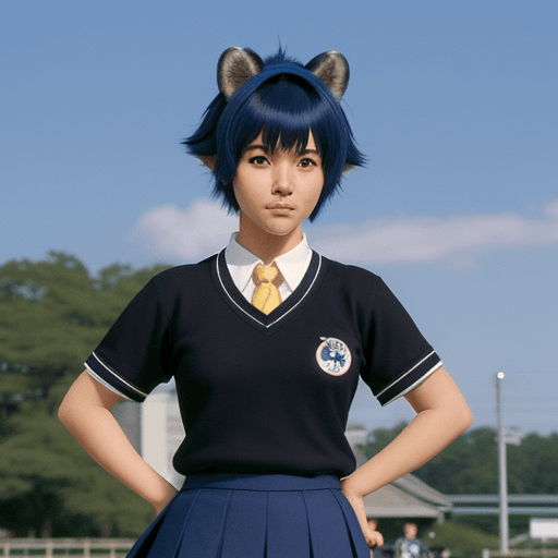 AI generated: Tanuki girl, Michiru Kagemori, animal ears, pixie cut blue hair, brown furry skin, bushy tail, black...