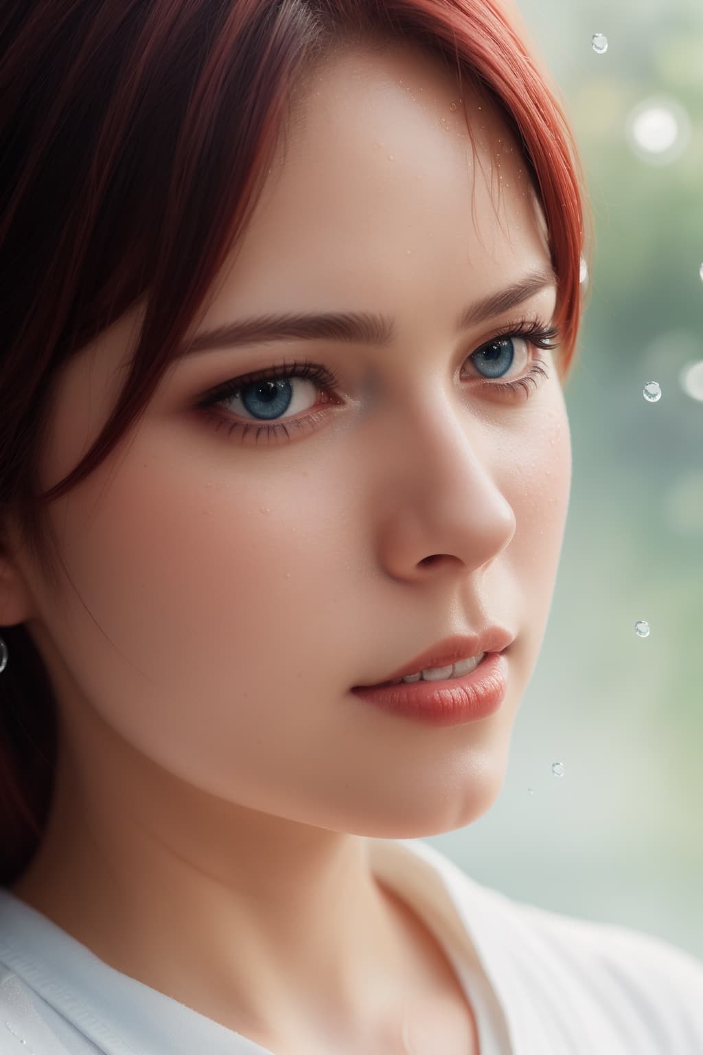 AI generated: A water color of close up model's face, Red hair and blue eyes, raindrops as foreground, a wet look,...