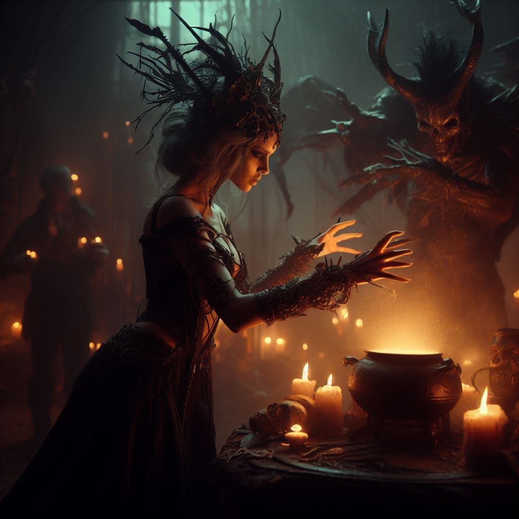 AI generated: a mystical,very beautiful dark sorceress performs an ancient ritual to summon a dark being,very deta...