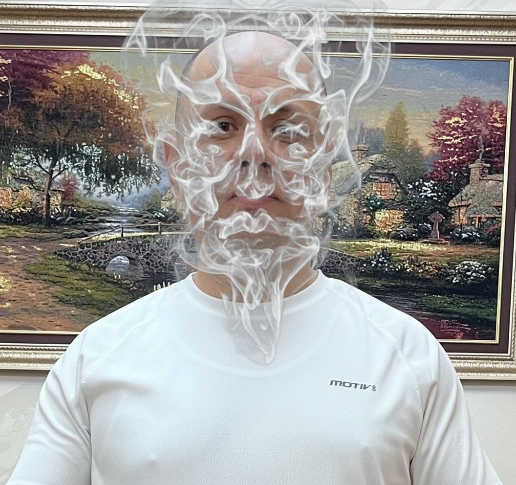 AI generated: Make similar this image for man in different face and different shape smoke face looking upright 