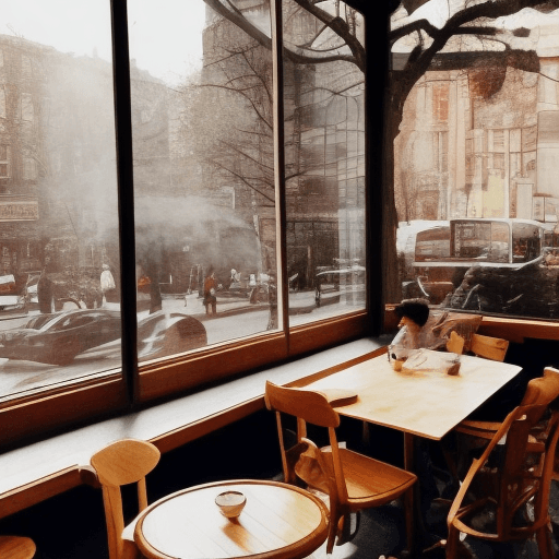 AI generated: Imagine a cozy café located in a bustling city. The café has large windows that let in plenty of nat...