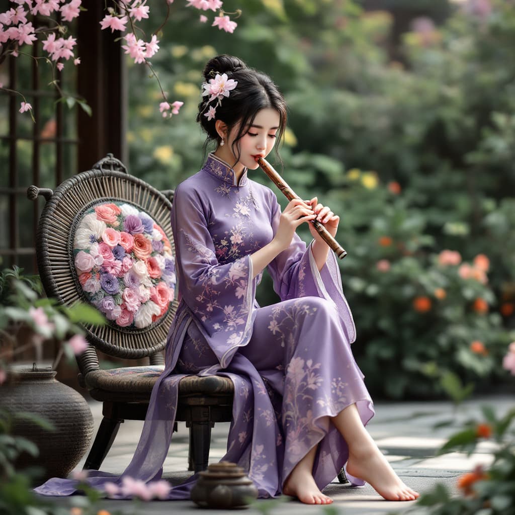 AI generated: full body view a dark haired girl dressed in an asian style, very short purple Qipao, flower in the ...