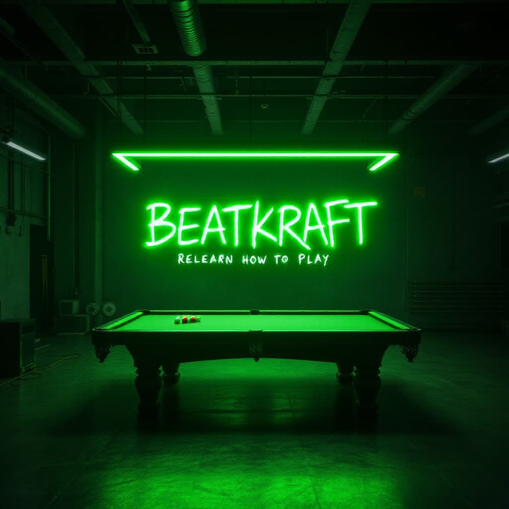 AI generated: hyper realistic dark green tube light writing in a bright industrial space with pool tables with the...