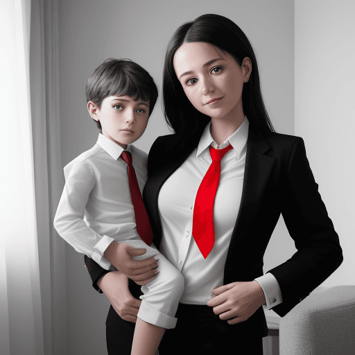 AI generated: The photo shows a 35-40 year old mom in a suit and tie standing with her child in her apartment. The...