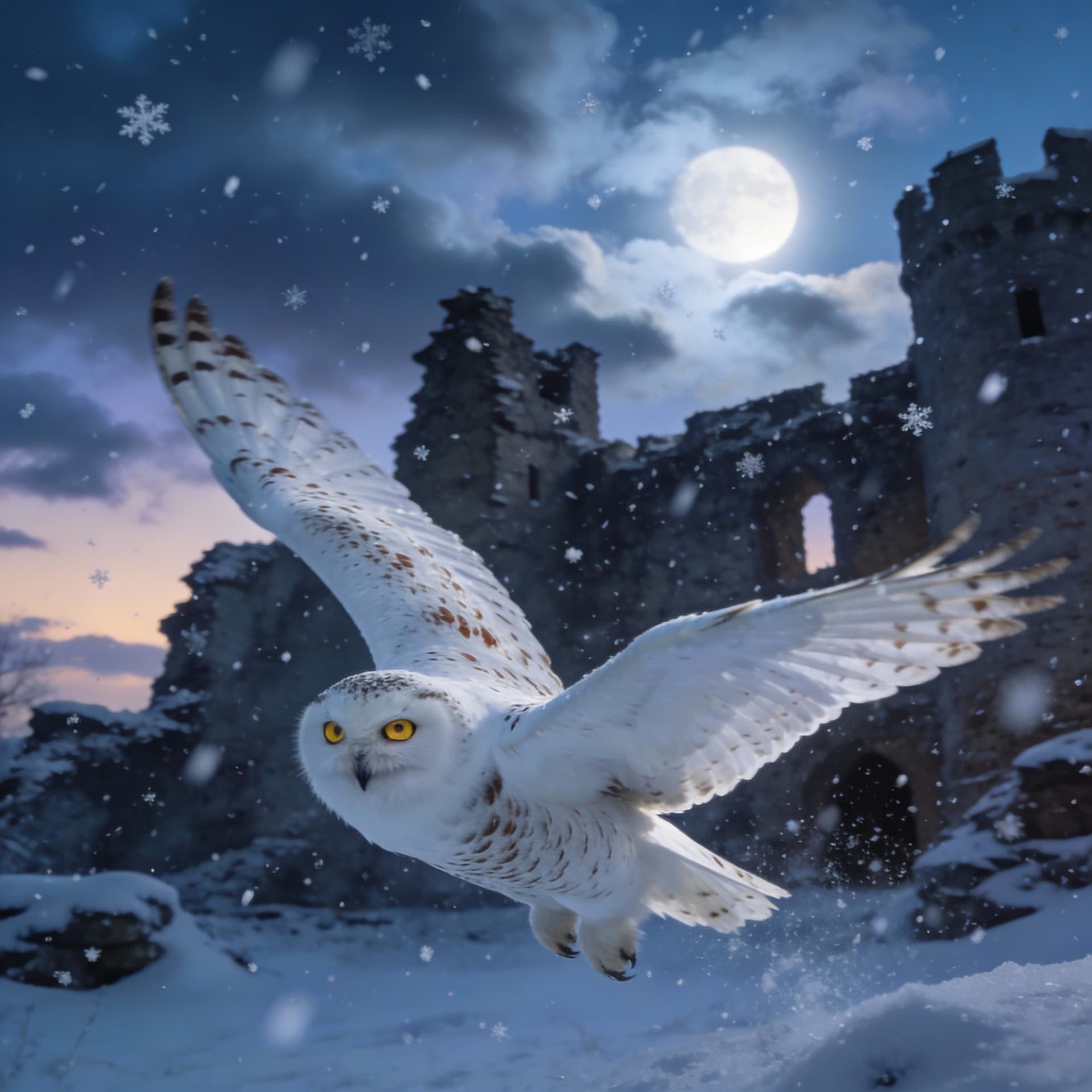 AI generated: white snowowl with brown specks on his body and wings bright yellow eyes flying with spread wings th...