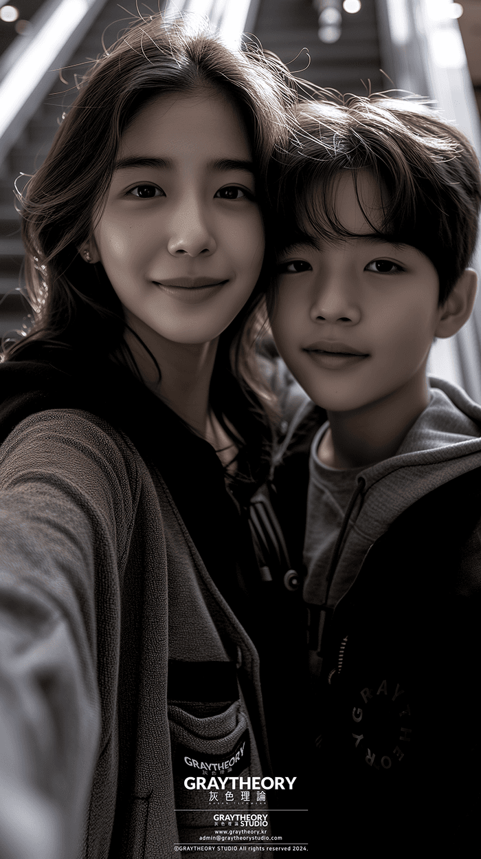 AI generated: a selfie take with her hand, instagram style, one young korean woman with boy professional model tak...