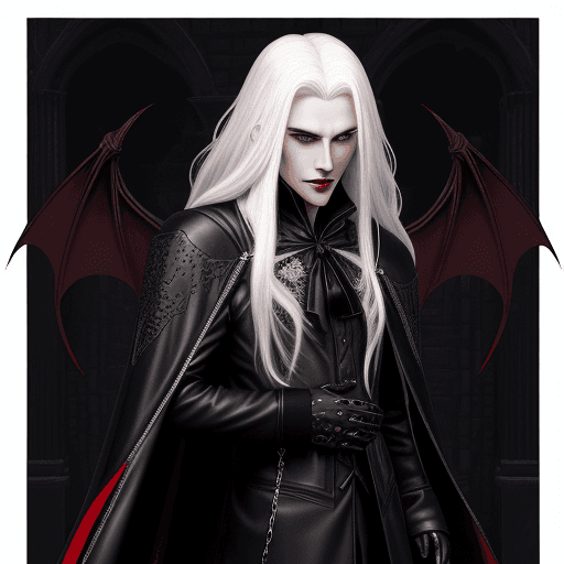 AI generated: pixel art, a illustration of vampire king , white hair, long velvet cloaks in black or red, or a lea...