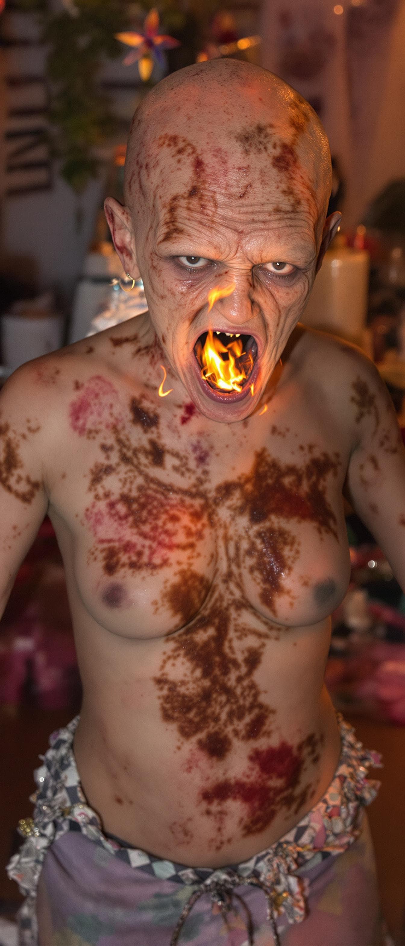 AI generated: An ugly face woman with ugly body  dancing in a party with fire from her mouth  . She is bald . She ...