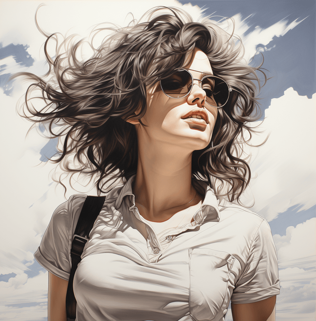 AI generated: pencil drawing of young woman in windy windy summer, in the style of hyperrealism and photorealism, ...