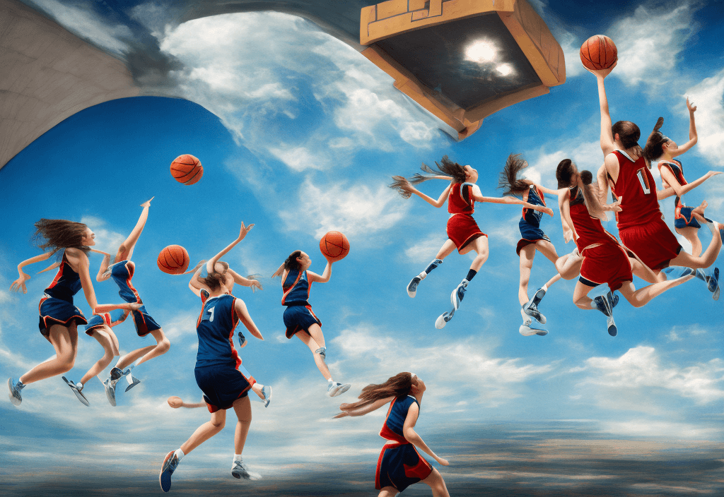 AI generated: Four girls playing basketball, on a curved court floating in the sky, the town in the distance, Ince...